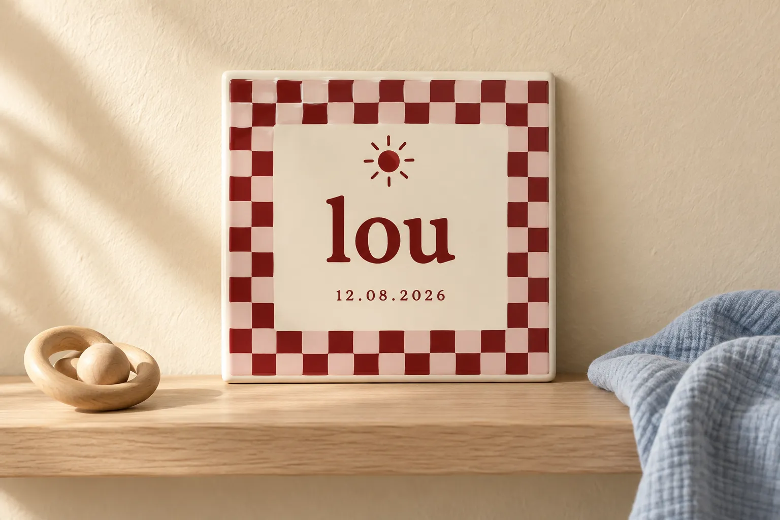 Geboortetegel voor Lou met kersenrode ruitjes, op een houten plank in de babykamer